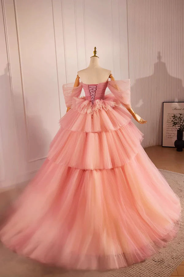Pink Off the Shoulder Long A-Line Ball Gown Beautiful Tulle Layers Sweet 16 Dress