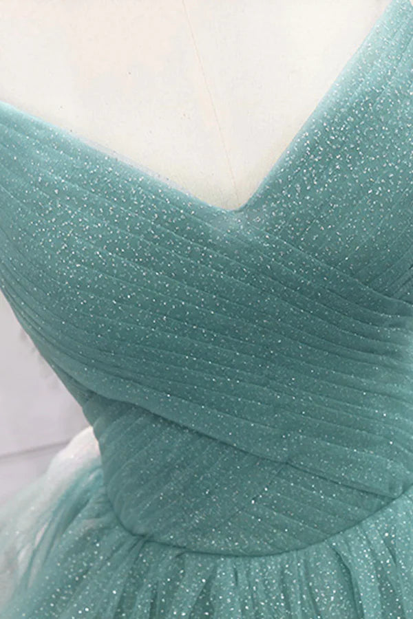 Green Spaghetti Strap Long Prom Dress Green V-Neck Tulle Evening Dress