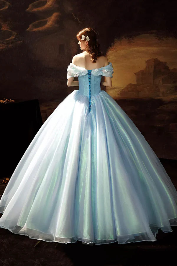 Blue Tulle Long Princess Dress A-Line Off the Shoulder Evening Party Dress