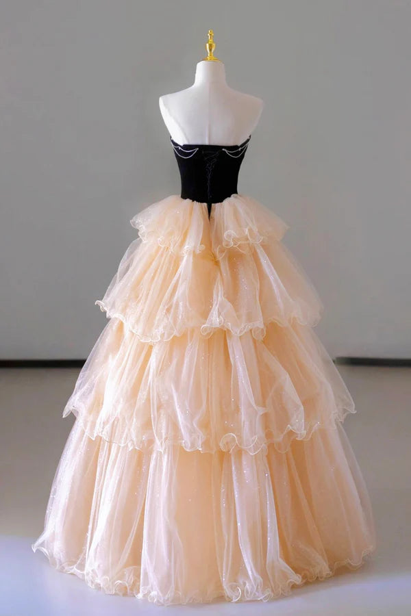 Champagne Sweetheart Tulle Layers Long Party Dress Strapless A-Line Prom Dress