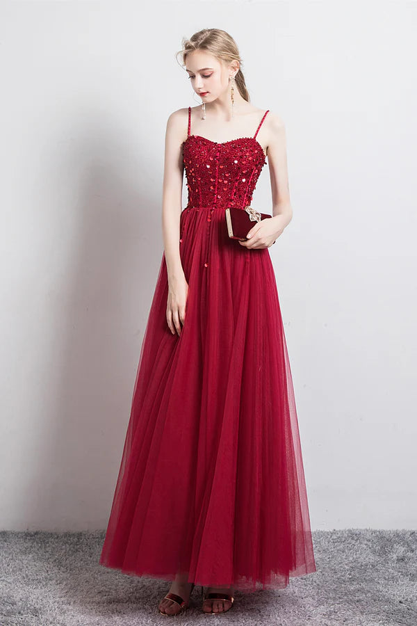 Burgundy Spaghetti Strap Tulle Formal Dress Beautiful Evening Dress with Beaded