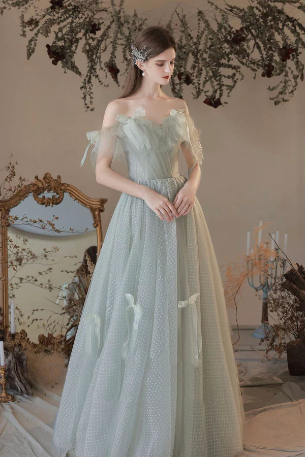 Light Green Tulle Long A-Line Prom Dress Off the Shoulder Evening Party Dress