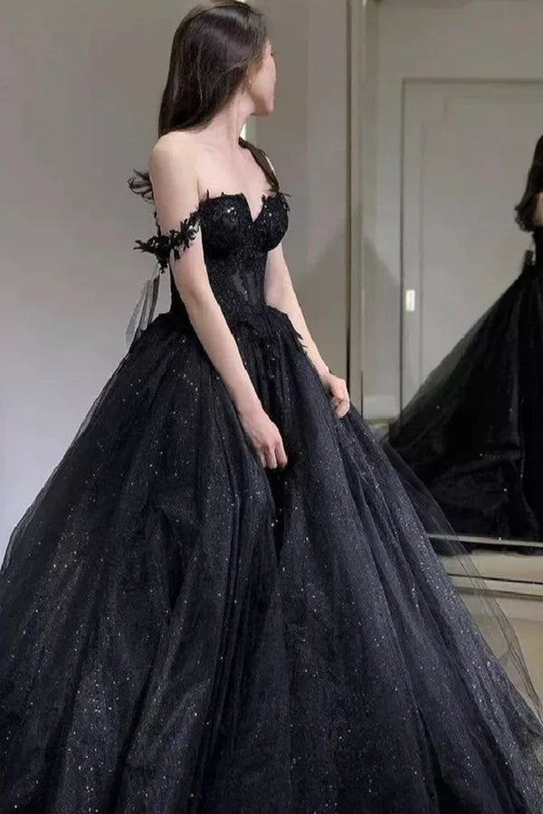 Black Off the Shoulder Tulle Lace Princess Dress Shiny Tulle Floor Length Evening Party Dress