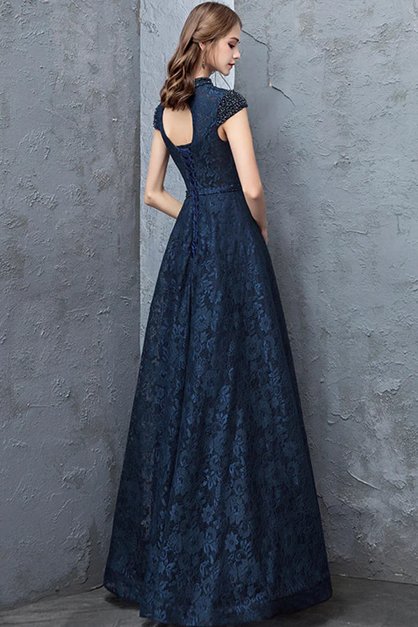 Beautiful Navy Blue Evening Dresses Blue Lace Floor Length Prom Dresses