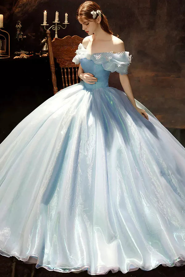 Blue Tulle Long Princess Dress A-Line Off the Shoulder Evening Party Dress