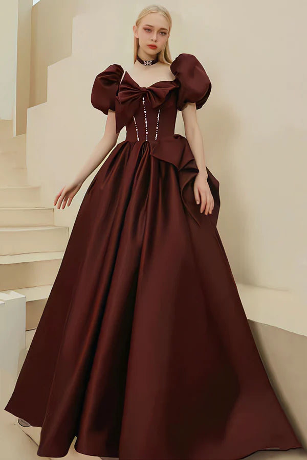 Burgundy Satin Long Prom Dress Short Sleeve Evening Dress Burgundy Party Dress