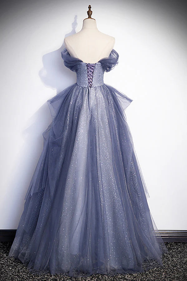 Dusty Blue Off the Shoulder Lace Long Prom Dress A-Line Shiny Tulle Evening Dress