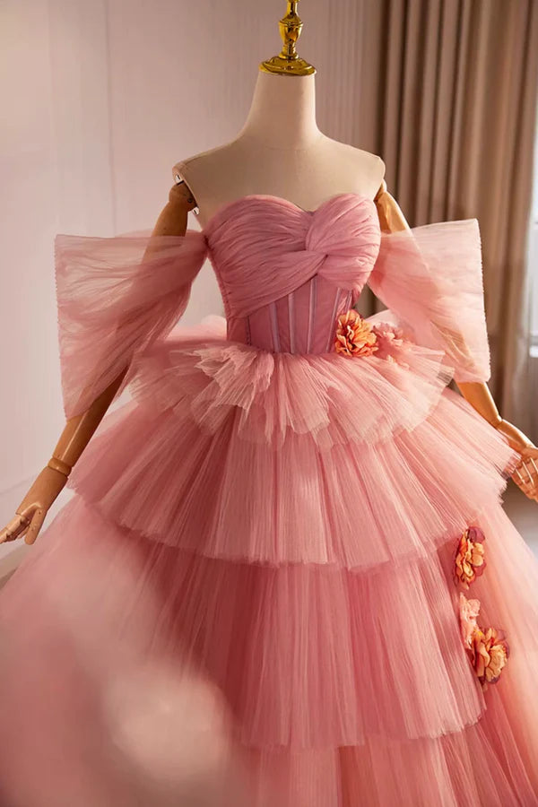 Pink Off the Shoulder Long A-Line Ball Gown Beautiful Tulle Layers Sweet 16 Dress