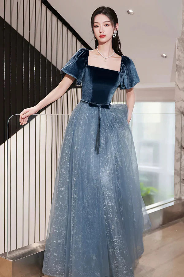 Blue Velvet Tulle Long Prom Dress Beautiful Short Sleeve Evening Dress