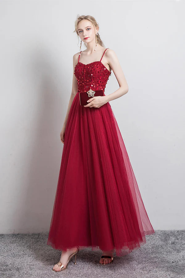 Burgundy Spaghetti Strap Tulle Formal Dress Beautiful Evening Dress with Beaded