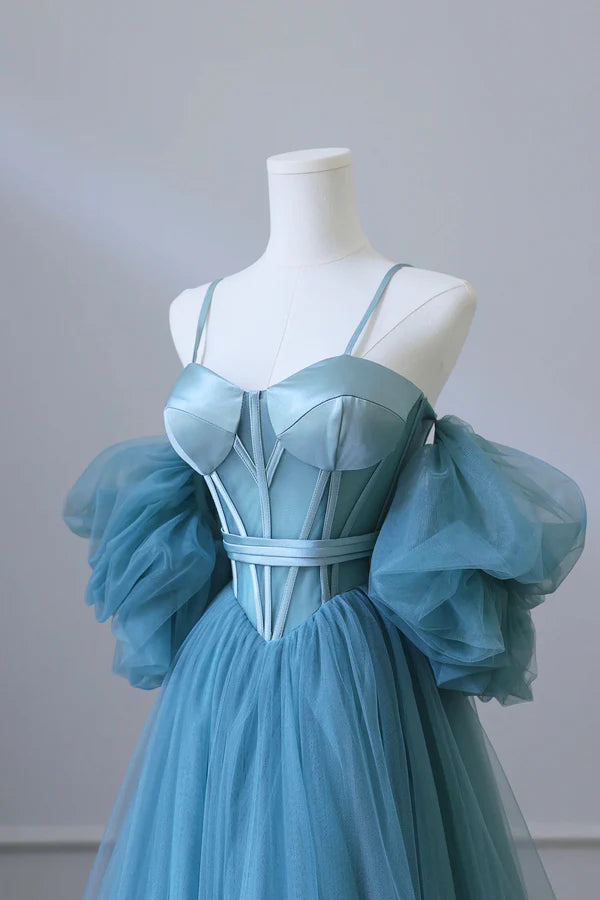 Blue Tulle Long Spaghetti Strap Prom Dress and Corset Detachable off Shoulder Party Dress