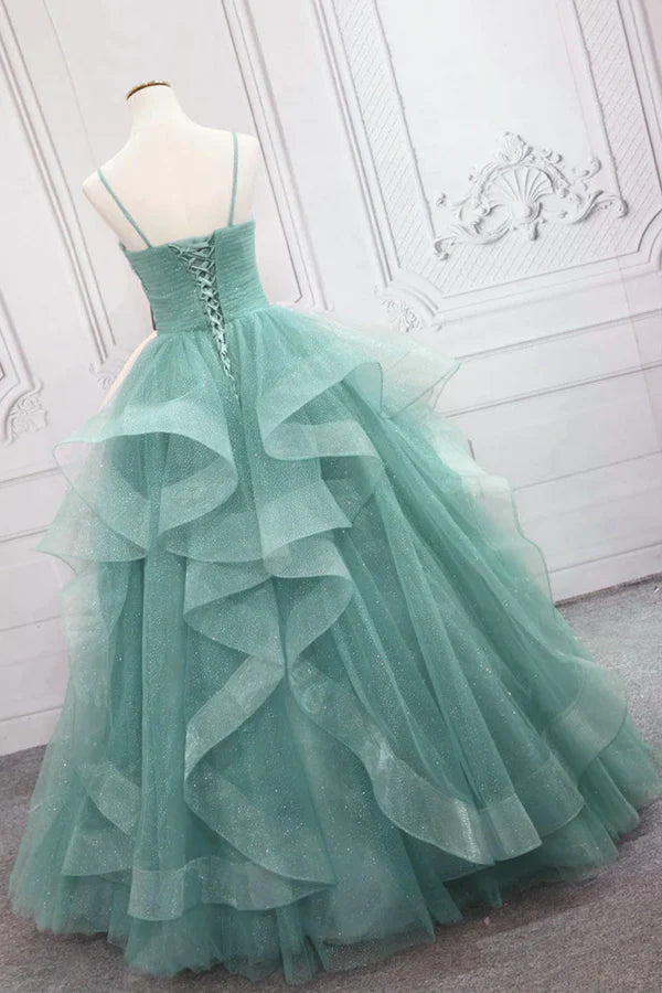Green Spaghetti Strap Long Prom Dress Green V-Neck Tulle Evening Dress