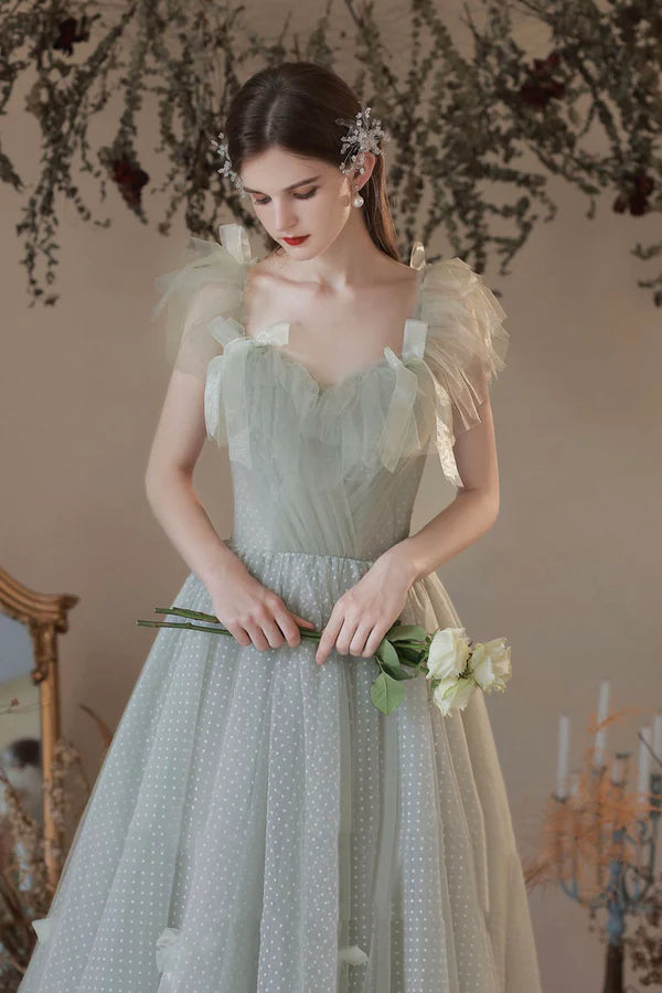 Light Green Tulle Long A-Line Prom Dress Off the Shoulder Evening Party Dress
