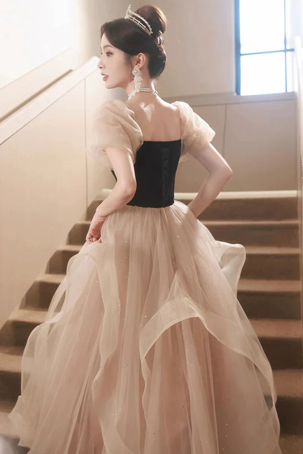 Cute Velvet Tulle Long Prom Dress Beautiful Short Sleeve Evening Dress