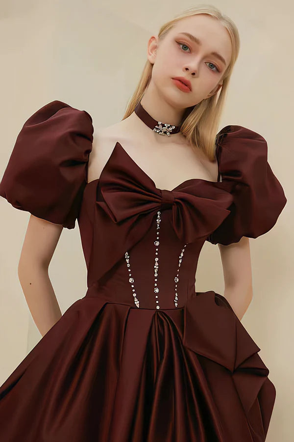 Burgundy Satin Long Prom Dress Short Sleeve Evening Dress Burgundy Party Dress