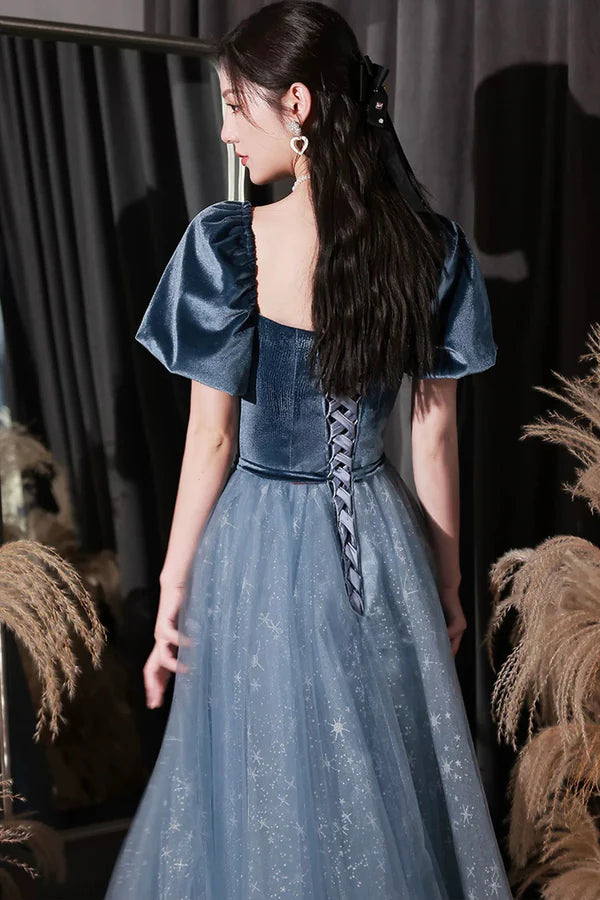 Blue Velvet Tulle Long Prom Dress Beautiful Short Sleeve Evening Dress