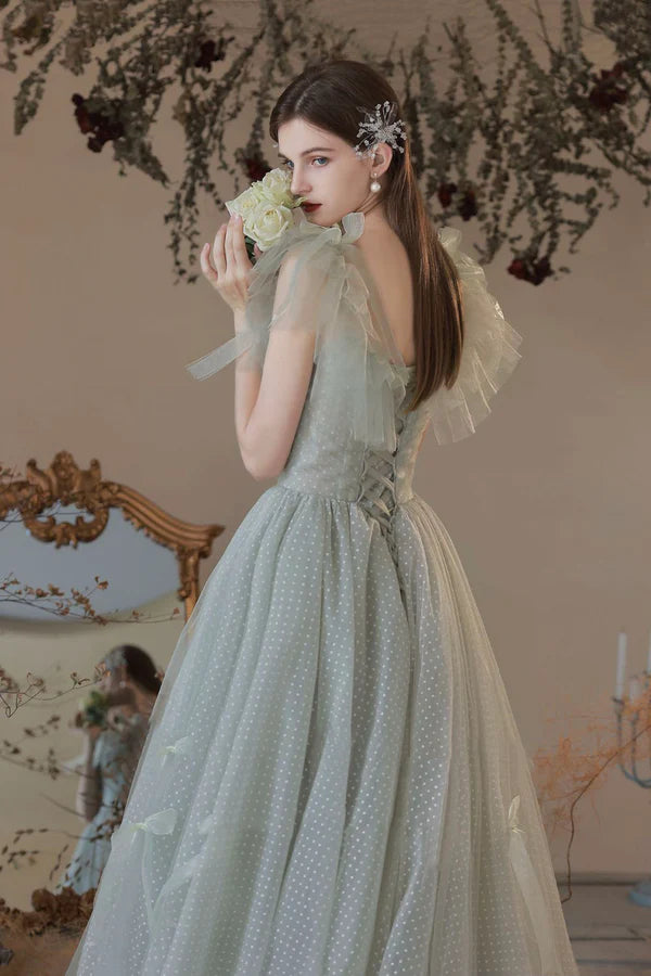 Light Green Tulle Long A-Line Prom Dress Off the Shoulder Evening Party Dress