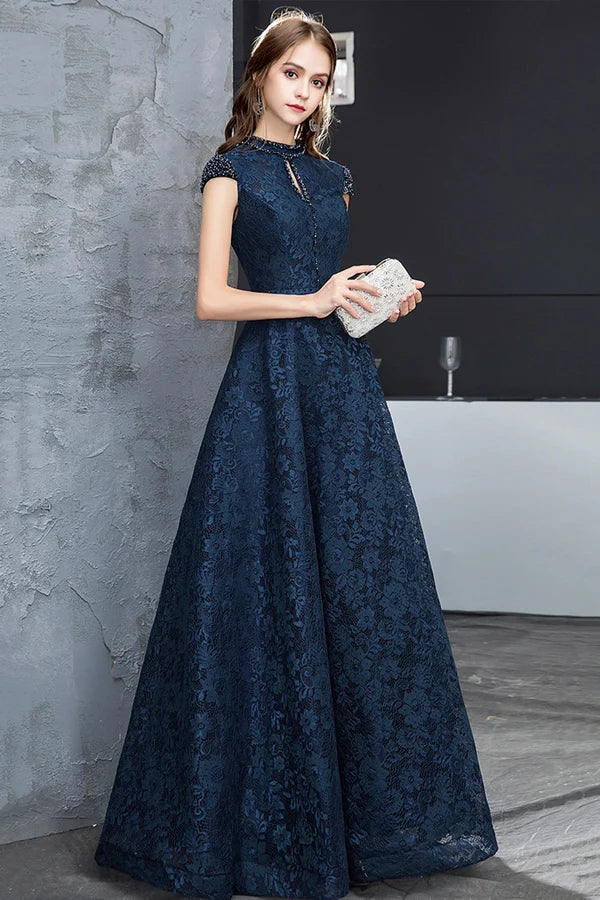 Beautiful Navy Blue Evening Dresses Blue Lace Floor Length Prom Dresses