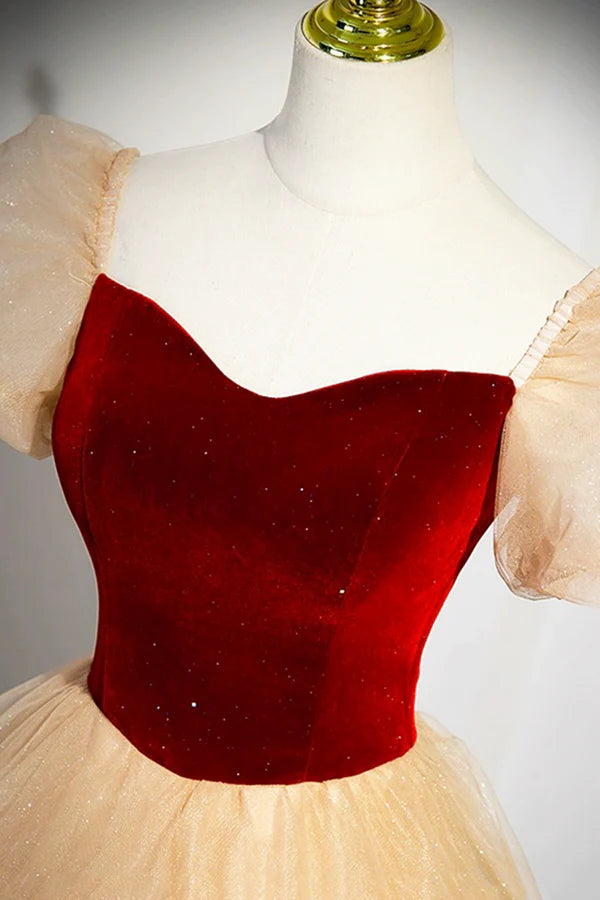 Burgundy Velvet Glitter Cascading Ruffles Prom Dress Champagne Tulle Floor Length Evening Dress