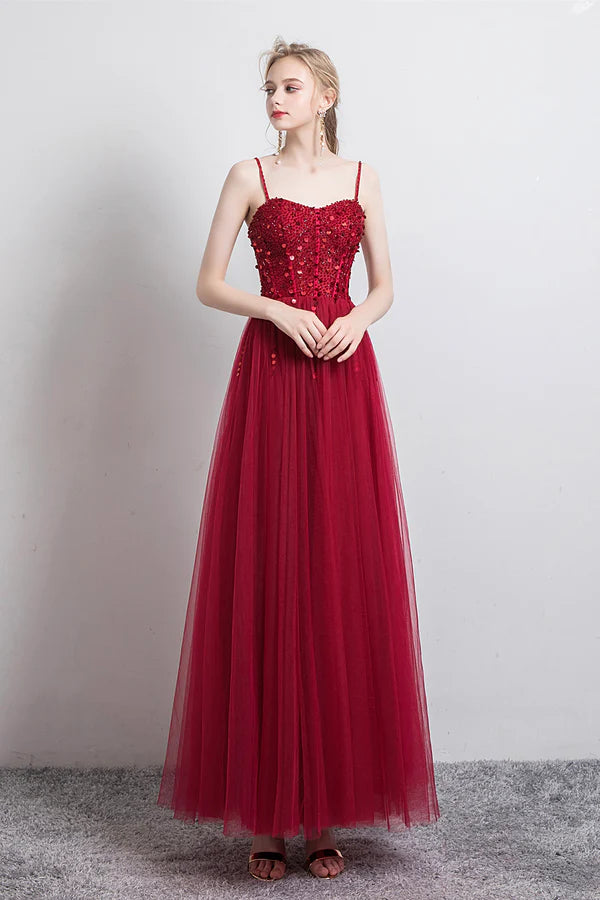 Burgundy Spaghetti Strap Tulle Formal Dress Beautiful Evening Dress with Beaded