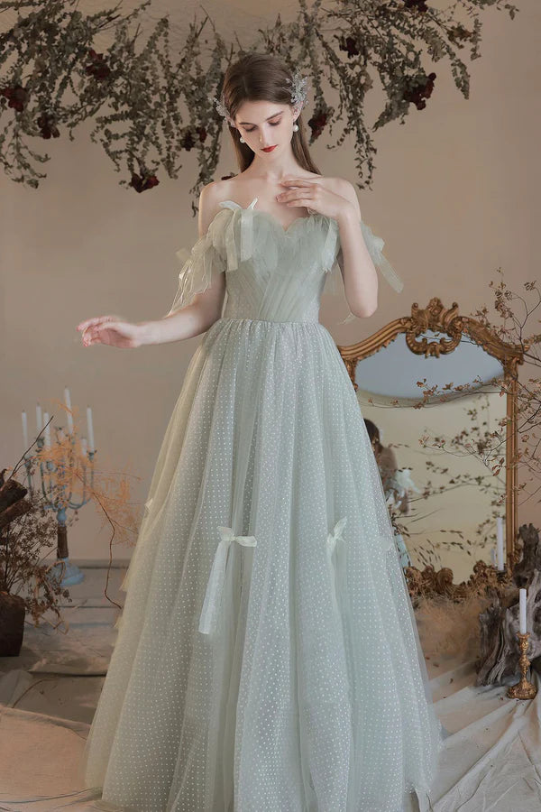 Light Green Tulle Long A-Line Prom Dress Off the Shoulder Evening Party Dress