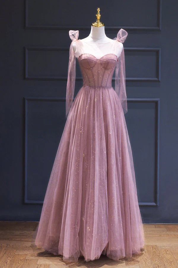 Pink Tulle Long A-Line Prom Dress Pink Evening Dress with Corset
