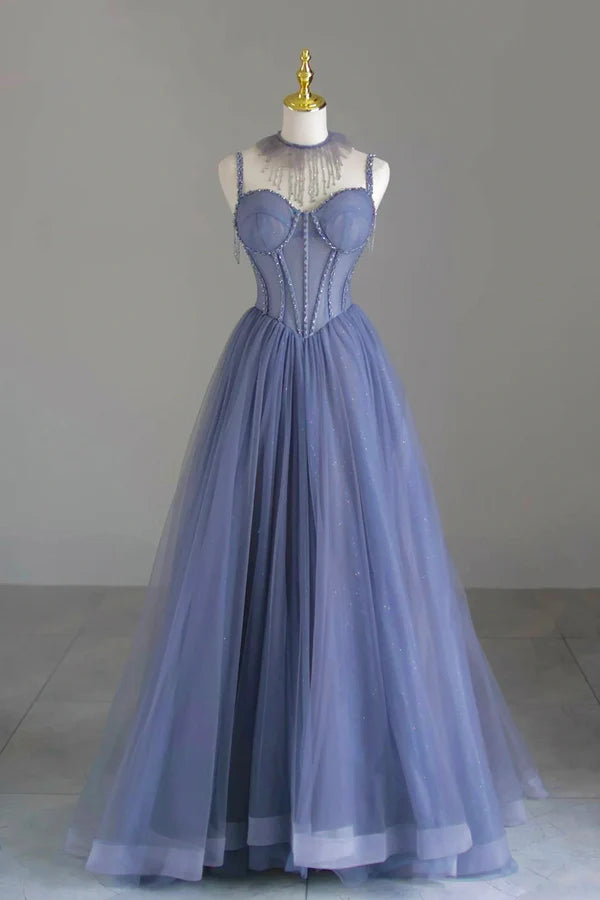 Blue Spaghetti Strap Tulle Beaded Long Prom Dress Beautiful A-Line Evening Party Dress