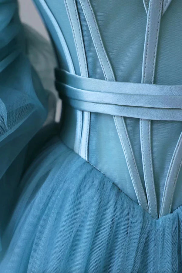 Blue Tulle Long Spaghetti Strap Prom Dress and Corset Detachable off Shoulder Party Dress