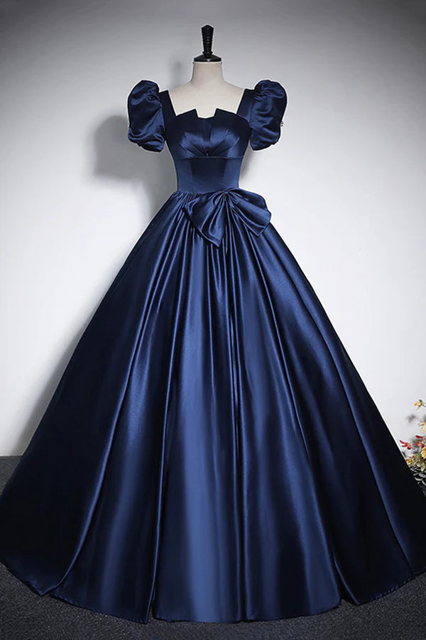 Elegant Blue Satin Prom Dresses Square Neckline Puffy Short Sleeve Bow Backless Floor-Length Formal Dresses
