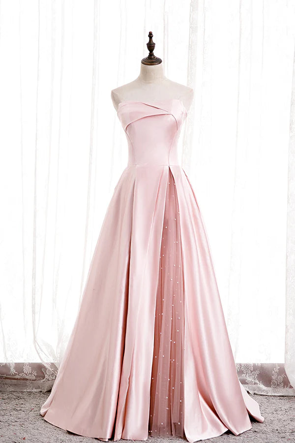 Pink Satin Long Prom Dress with Pearls Pink Strapless Evening Dress