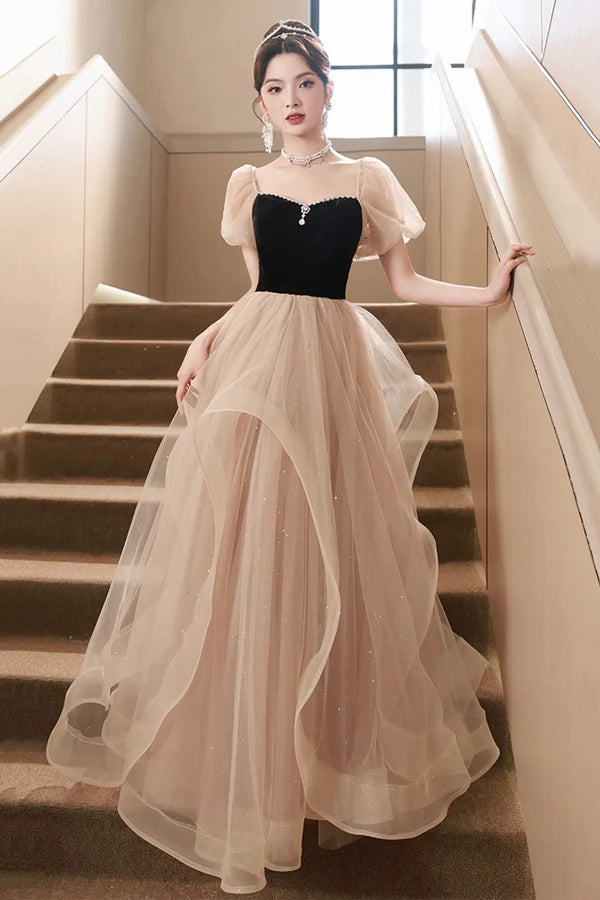 Cute Velvet Tulle Long Prom Dress Beautiful Short Sleeve Evening Dress