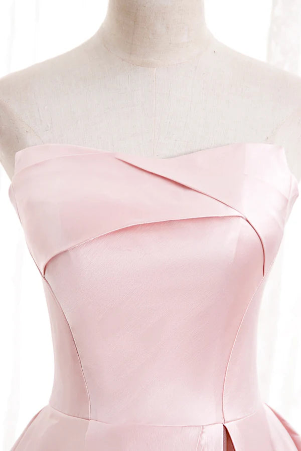 Pink Satin Long Prom Dress with Pearls Pink Strapless Evening Dress