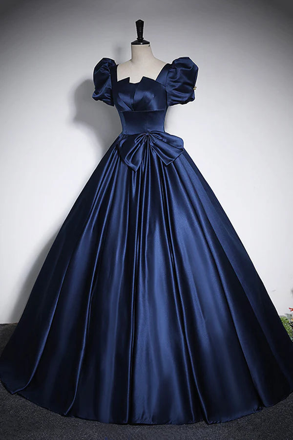 Elegant Blue Satin Prom Dresses Square Neckline Puffy Short Sleeve Bow Backless Floor-Length Formal Dresses