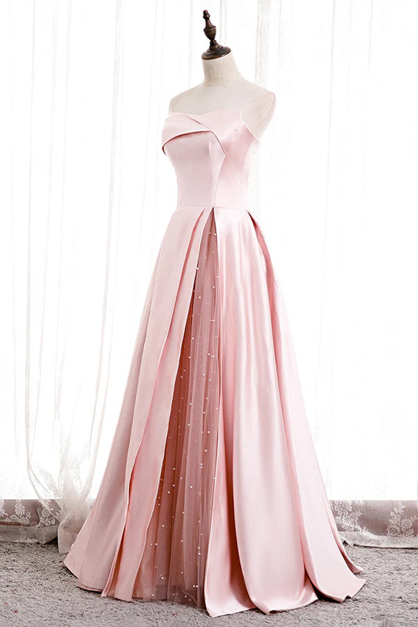 Pink Satin Long Prom Dress with Pearls Pink Strapless Evening Dress