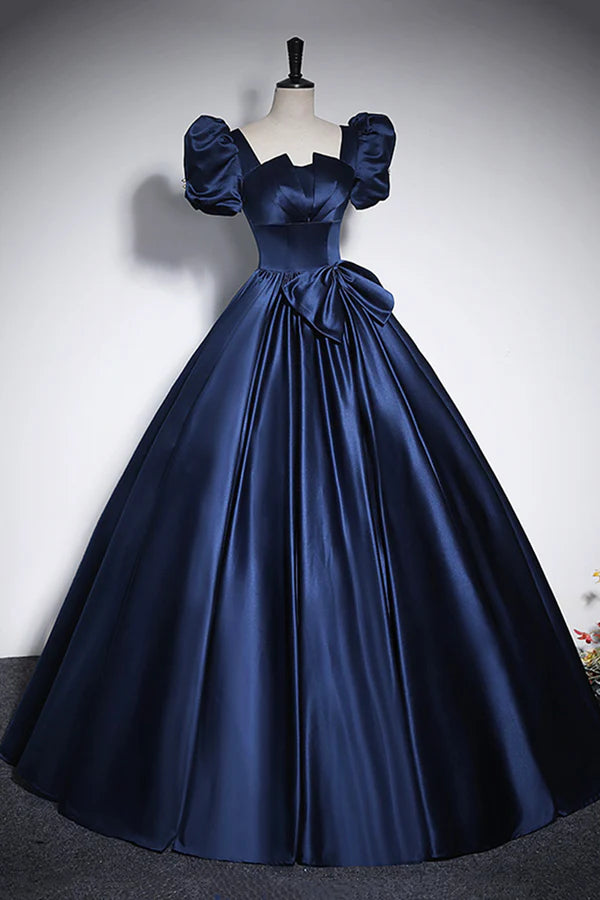 Elegant Blue Satin Prom Dresses Square Neckline Puffy Short Sleeve Bow Backless Floor-Length Formal Dresses