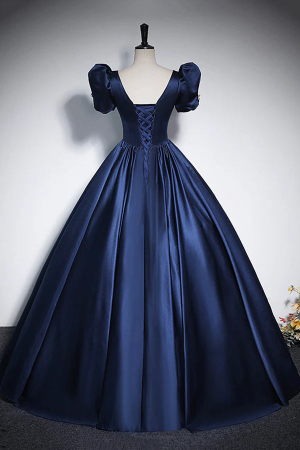 Elegant Blue Satin Prom Dresses Square Neckline Puffy Short Sleeve Bow Backless Floor-Length Formal Dresses