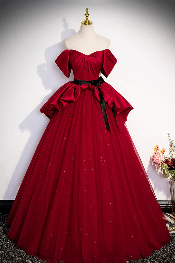 Burgundy Satin Tulle Long Prom Dress Off Shoulder Evening Dress