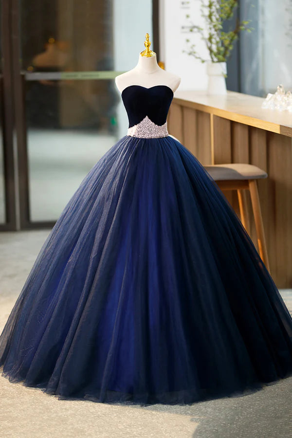 Blue Velvet Tulle Long Prom Dresses Blue Evening Party Dresses