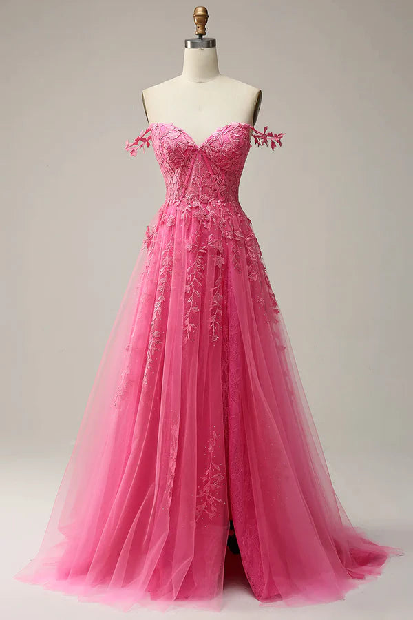 Hot Pink Lace Long Prom Dress Spaghetti Strap Evening Dress Party Dress