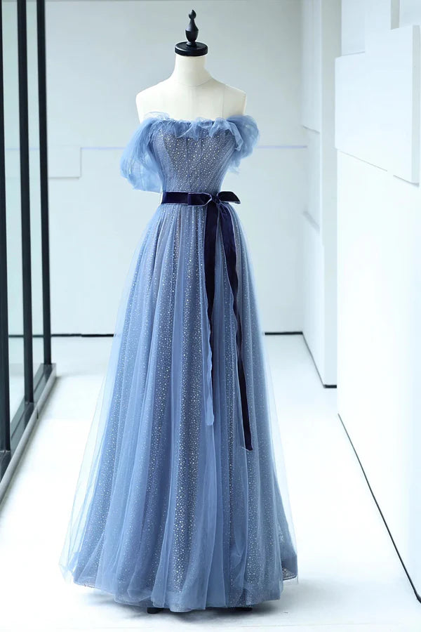 Beautiful Blue Floor Length Prom Dress A-line Strapless Tulle Evening Dress
