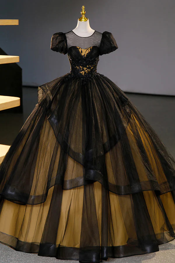 Black Tulle Lace Long Prom Dresses Black Short Sleeve Evening Dresses