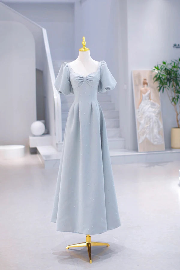 Light Blue Satin Long Prom Dress with Pearls A-Line Short Sleeve Party Dress