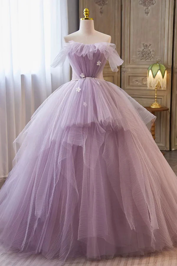 Lilac Strapless Tulle Long Prom Dresses with Pearls Belt Lilac Off the Shoulder Formal Evening Dresses