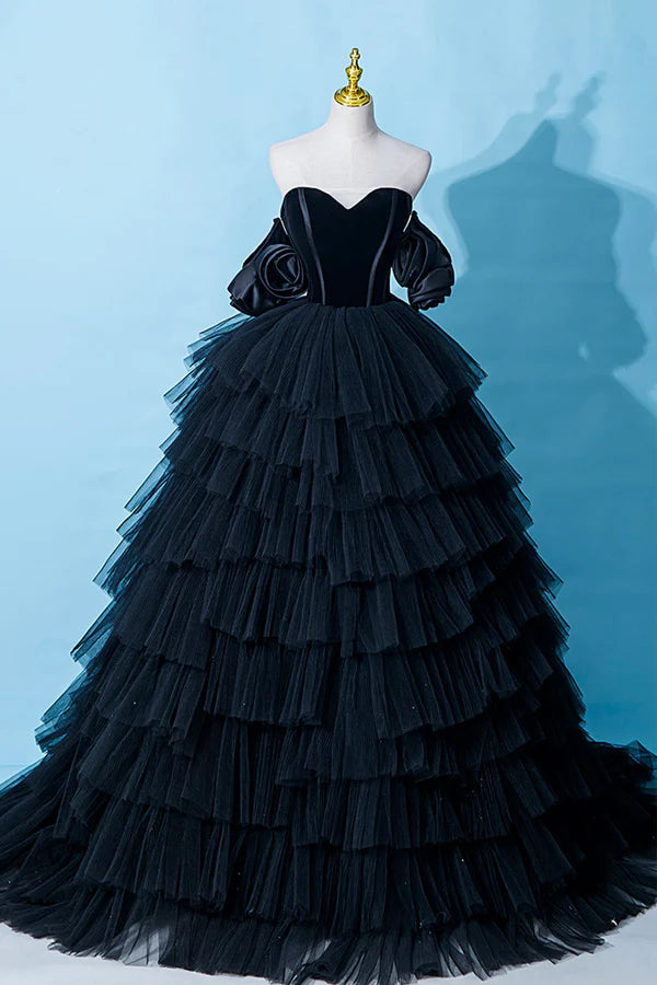 Black Tulle Layers Long Formal Dress Black A-Line Strapless Evening Dress