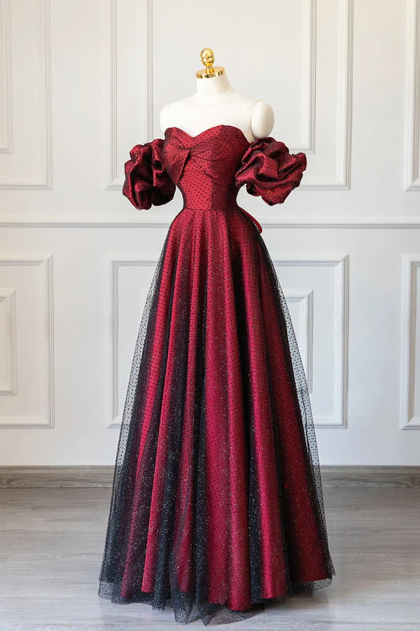 Burgundy Satin Tulle Long Prom Dress Off Shoulder Evening Party Dress