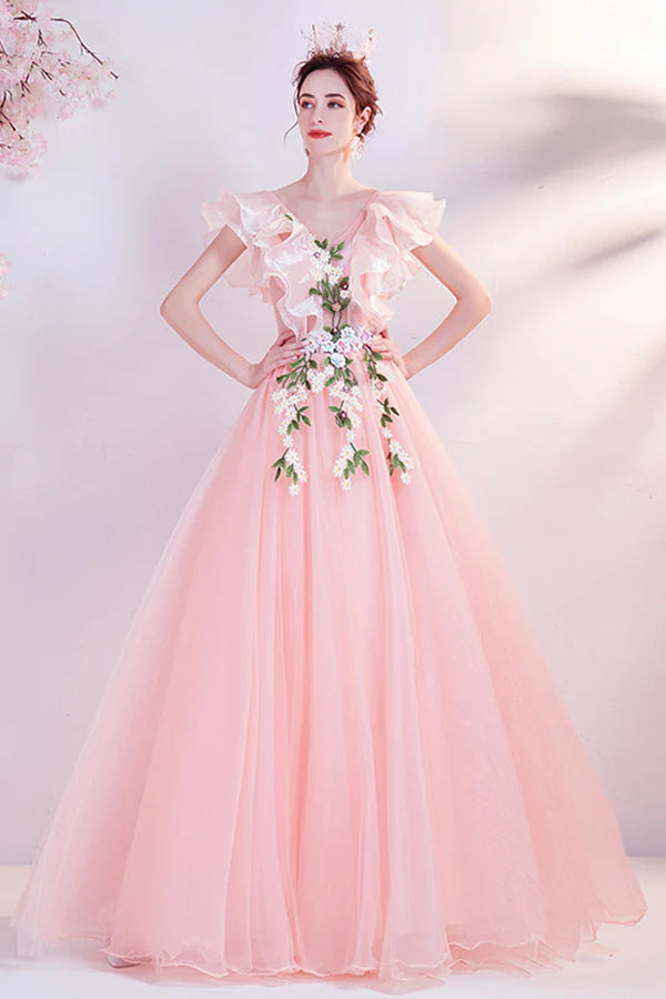 Pink V-Neck Tulle Long Prom Dress Beautiful Pink Evening Dress