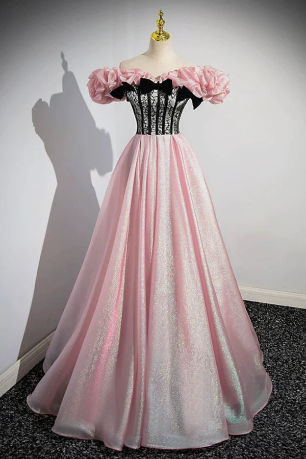 Beautiful Shiny Tulle Long A-Line Pink Corset Prom Dress Off the Shoulder Evening Party Dress