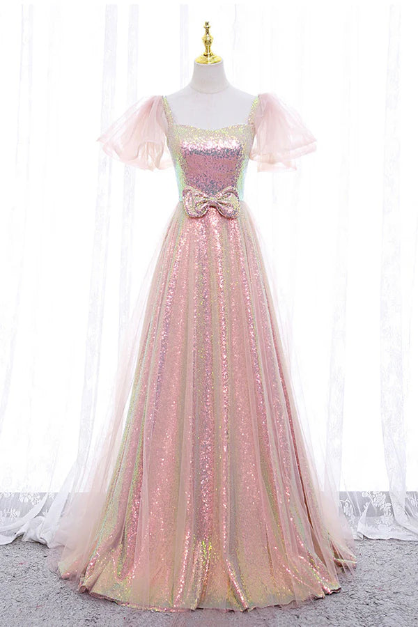 Pink Tulle Sequins Long Prom Dress Cute Short Sleeve Evening Dress