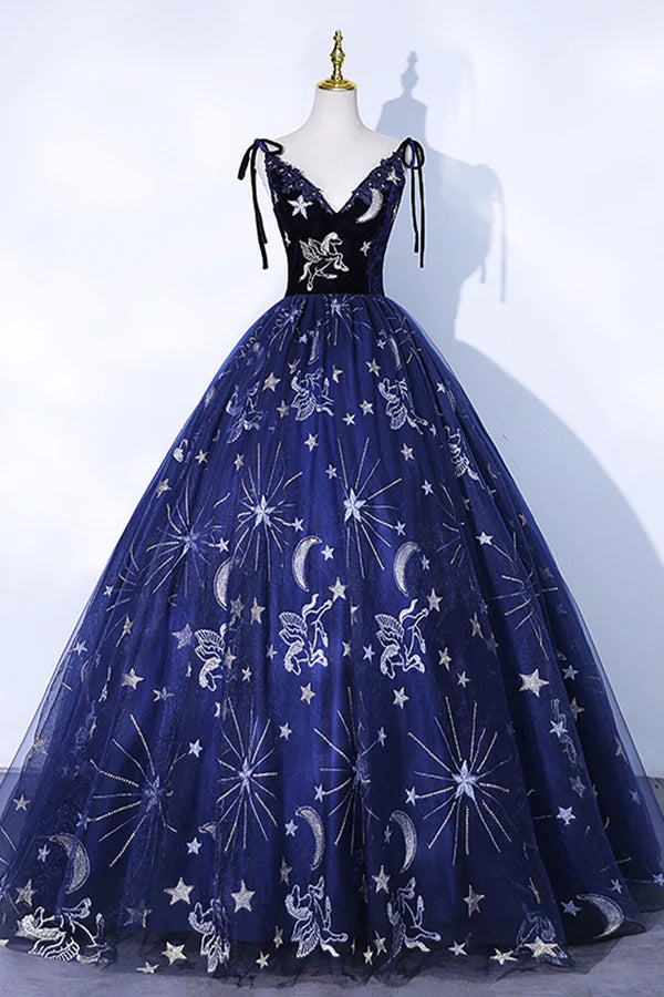 Beautiful Navy Blue Tulle Long Prom Dress Spaghetti Straps Lace Flower Backless Formal Dress