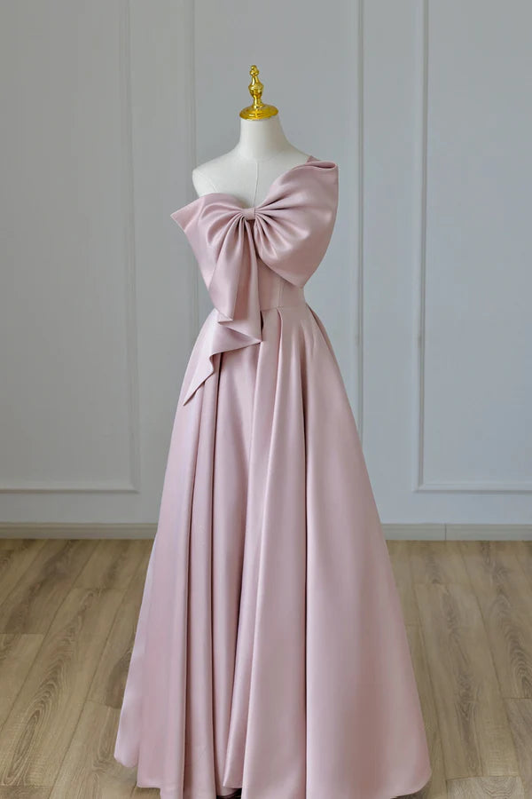Pink Satin Long Prom Dress with Bow One Shoulder Formal Evening Dress